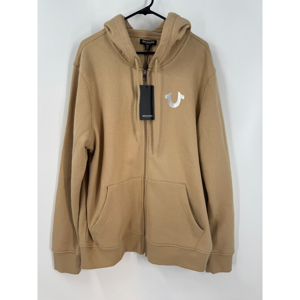 True Religion Men's Tan Buddha Foil Horseshoe Zip Hoodie Sweatshirt Size XL